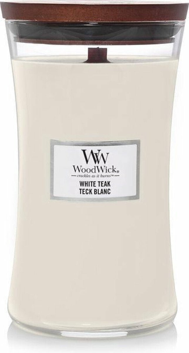 Woodwick hourglass large geurkaars - white teak - 130 branduren
