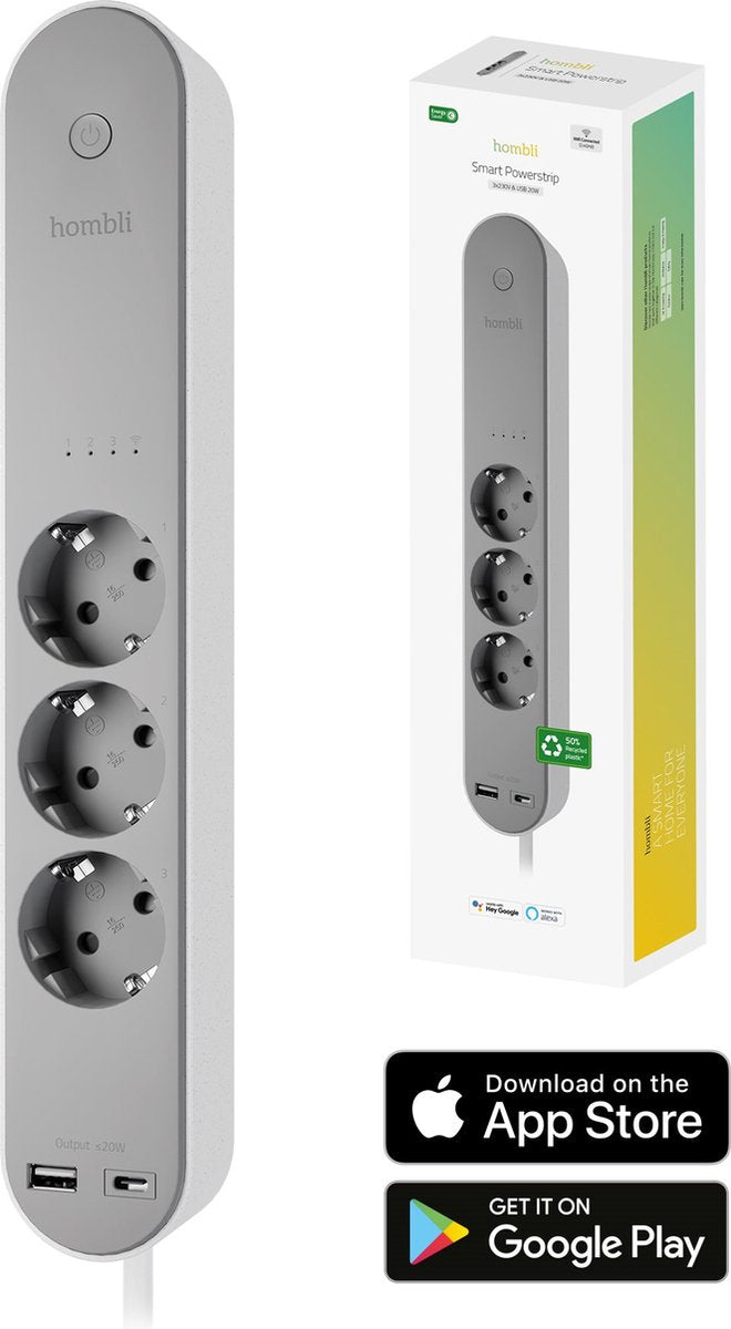 Hombli slimme stekkerdoos – 3-voudig - 1x usb 1x usb-c met schakelaar – app met energiemonitor verbruiksmeter – overspanningsbeveiliging - 1.5m snoer