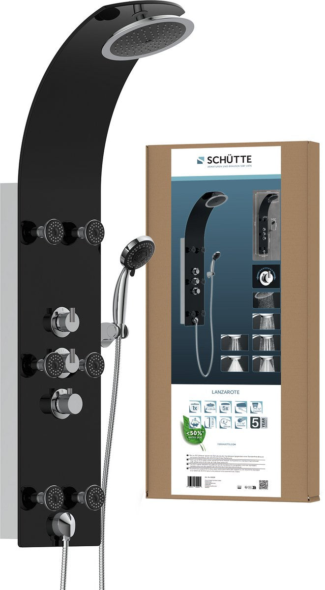 Schütte lanzarote douchepaneel - met thermostatische douchekraan - 6 massage sproeiers - glas - zwart