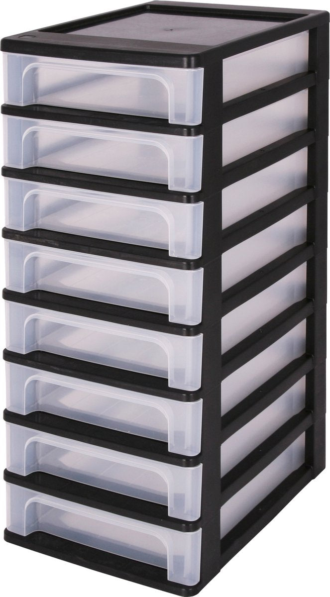 Iris organizer chest ladesysteem a4 - 8 kleine lades - 8 x 4l - kunststof - zwart transparant