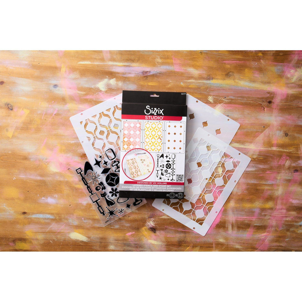 Sizzix • studio stamps set 15pcs 3pcs stencils retro by vic hollins
