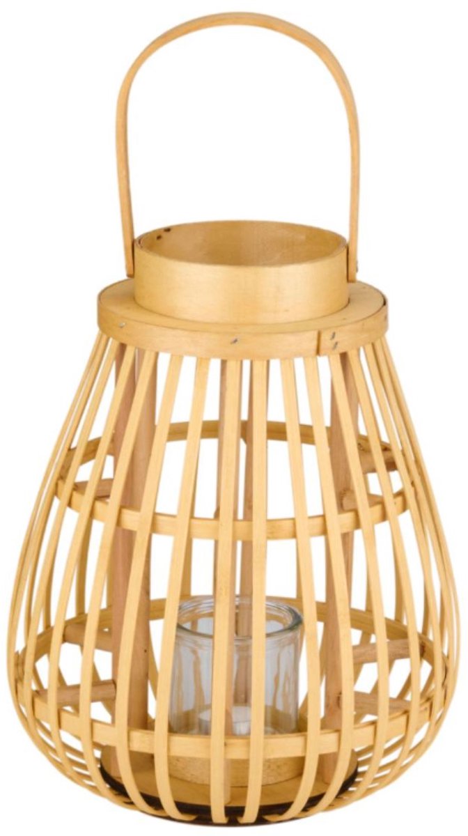 Arti casa houten lantaarn met glas - decoratieve kaars lantaarn - 26 x 26 x 32 cm - beige
