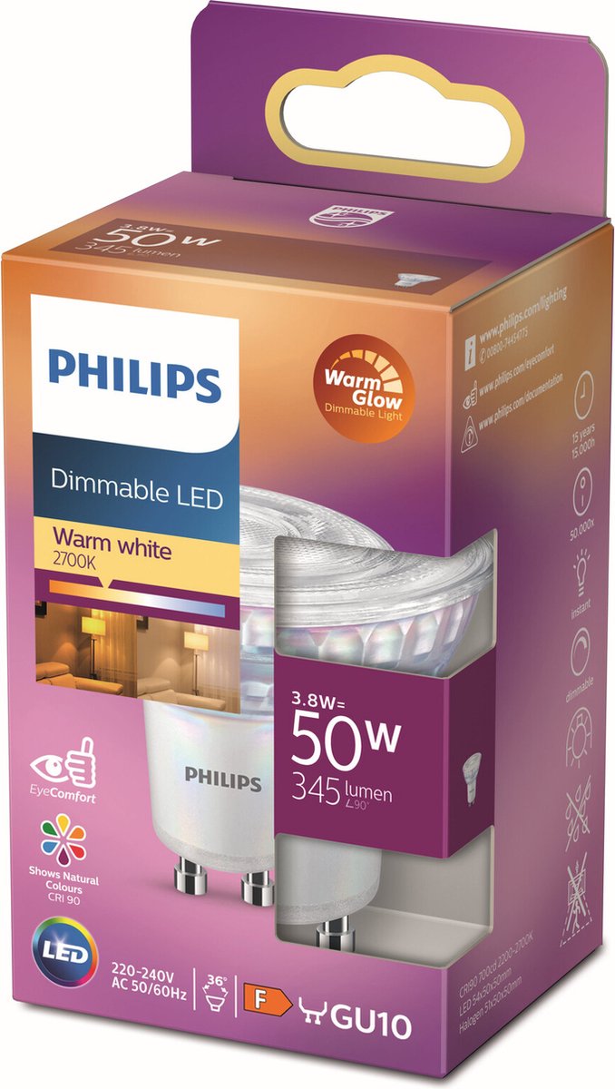 Philips led spot - 50 w - gu10 - dimbaar warmwit licht