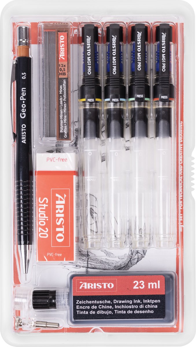 Aristo tekenpen - pro studio - set 9-delig - lijnbreedte 0.13 0.40 0.60 0.80mm - fles 23ml inkt - tekenpotlood - potloodstiftjes - gum - penadapter - ar-64159