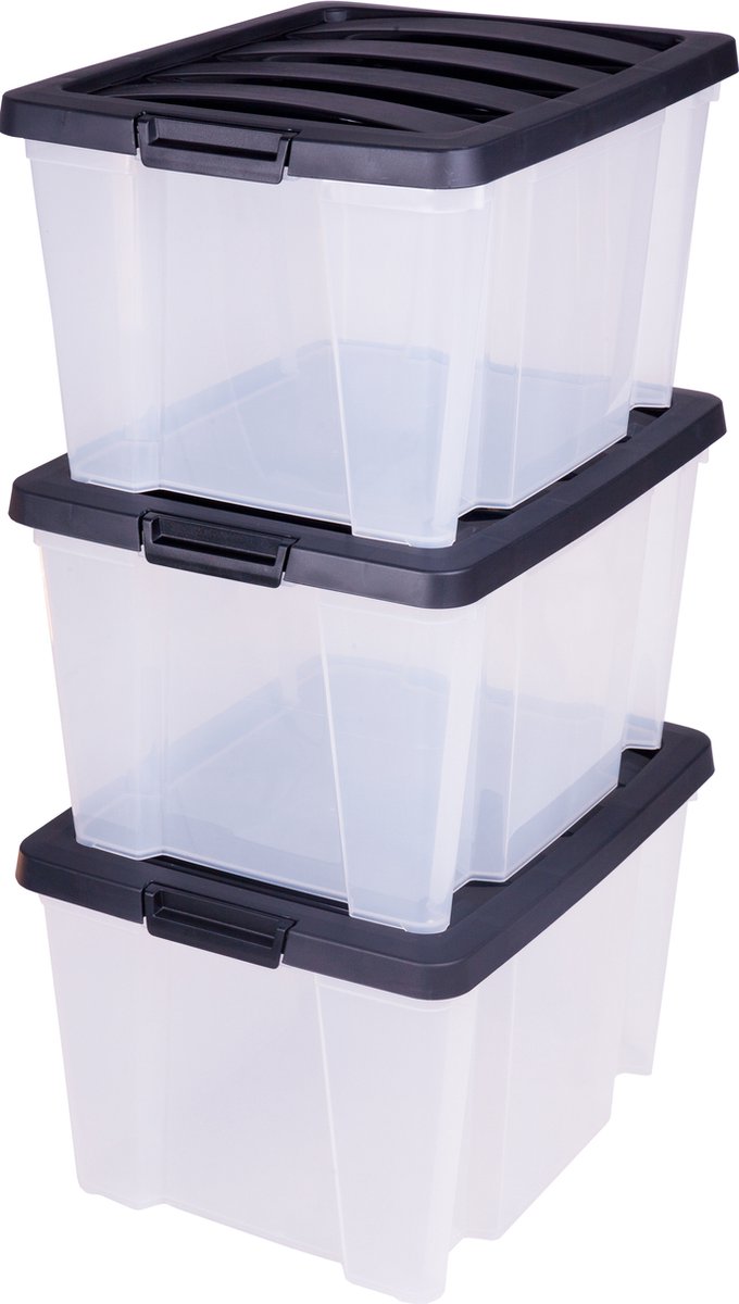 Iris handybox opbergbox - 30l - kunststof - transparant zwart - set van 3