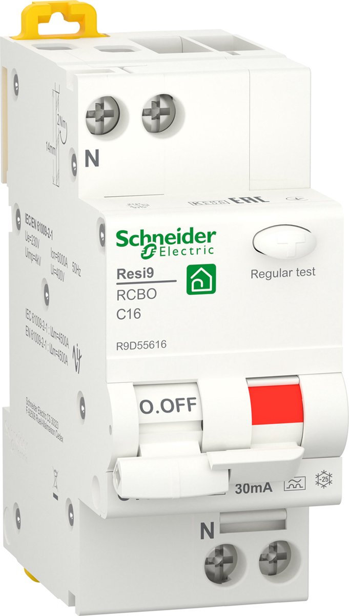 Schneider electric resi9 - aardlekautomaat - 1p+n - 16a - c-karakteristiek - 6000a - 30ma - type a