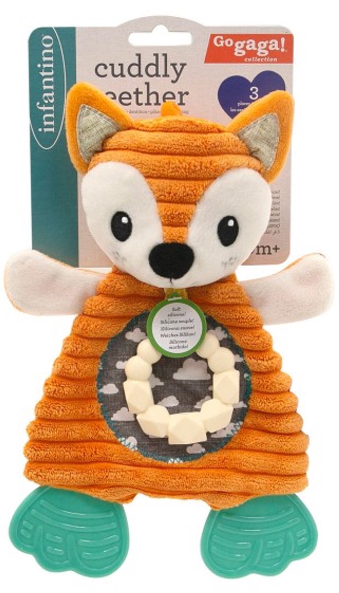 Infantino bijtspeeltje vos knuffel - sensorisch babyspeelgoed oranje wit.