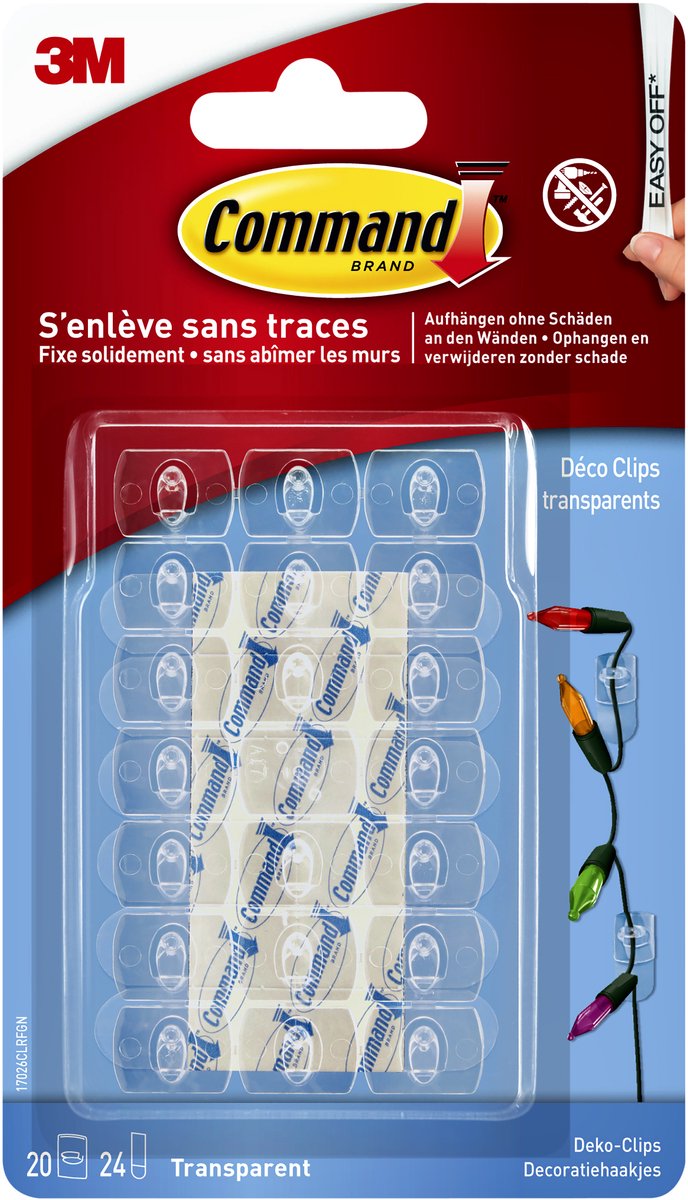 3m command™ doorzichtige decoratie clips met doorzichtige strips, 20c+24s pak