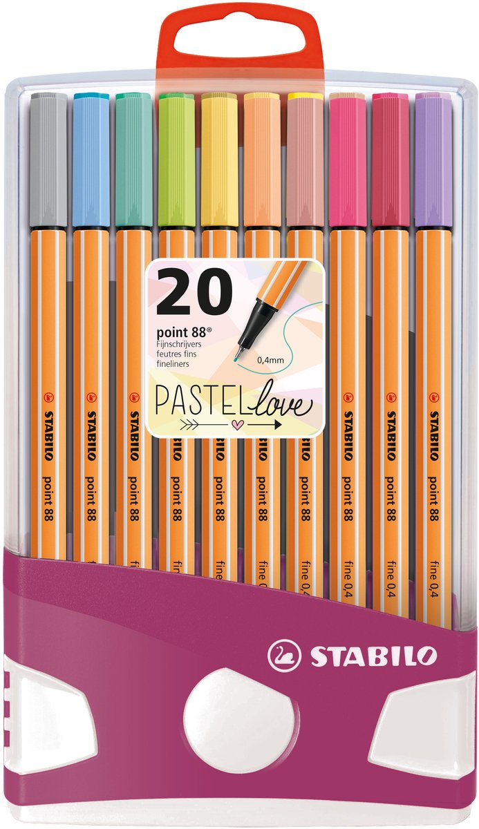 Stabilo point 88 - fineliner 0,4 mm - pastelparade - set met 20 verschillende kleuren - inclusief 10 pastel kleuren