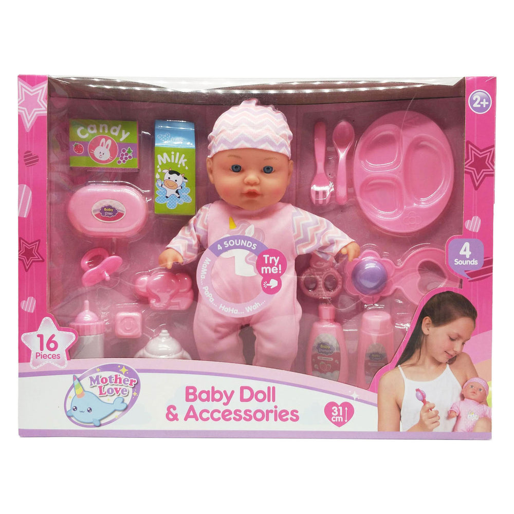 Babypop met geluiden en 16 accessoires - 31cm