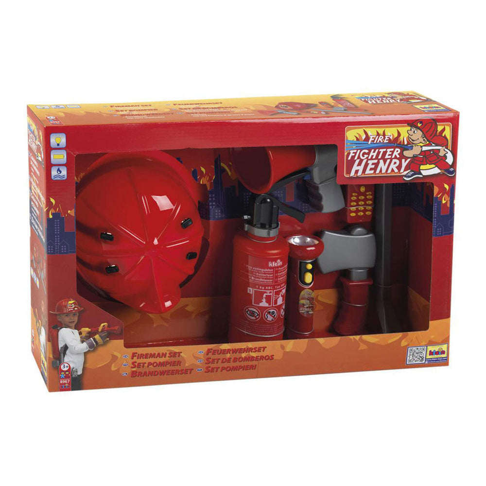 Klein toys 7-delige brandweerset - brandblusser, zaklamp, koevoet, bijl, helm, mobiele telefoon, megafoon - incl. 0,5 l watertank - rood grijs