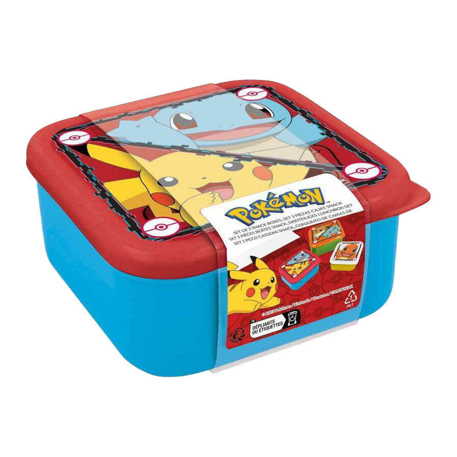 Stor pokémon 3-in-1 snackdoosjes - 3 formaten - vierkant - sluit goed af - lunchboxen voor kinderen - los deksel - geschikt voor koekjes, fruit en snacks - blauw geel groen
