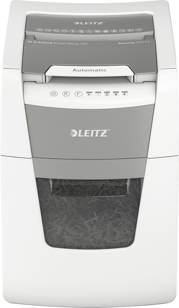 Leitz iq autofeed+ small office 100 stille papierversnipperaar - p4 snippers - tot 100 vel - 34l - wit