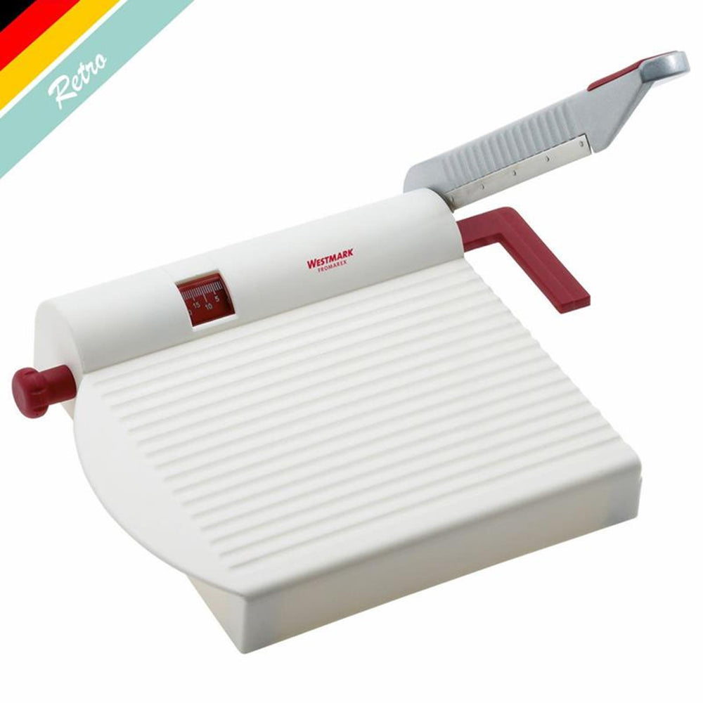 Westmark kaassnijder met scherp mes, variabele snijdikte, retro-design, roestvrij staal aluminium kunststof, fromarex, wit rood zilver, 7000rt60