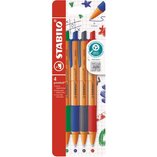 Stabilo balpen pointball 60304 0,5mm blauw,zwart,rood,groen 4 stuk