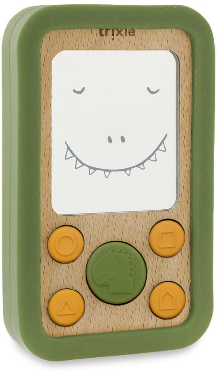 Trixie houten babytelefoon met silicone mr. dino – 0m+ – bijtspeelgoed - leuk als kraamcadeau