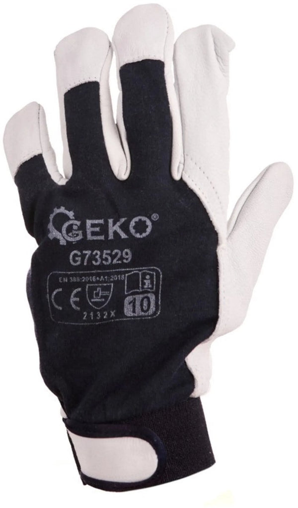 Geko leren werkhandschoenen - klittenband sluiting - maat 10 - blauw en wit - en388 bescherming - 12 stuks