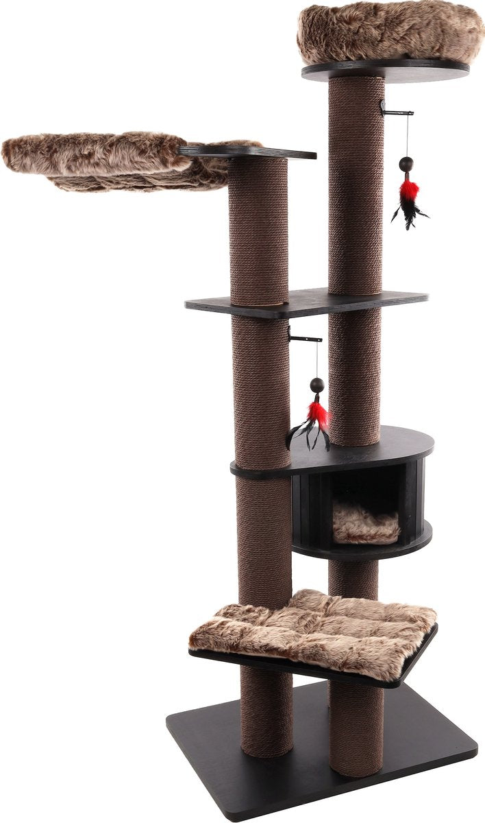 Flamingo krabpaal – raisa 3 bruin grijs – 109x72,5x198 cm – xxl luxe kattenboom met mand, hangmat kussens – design krabpaal met speeltje – voor alle kattenrassen
