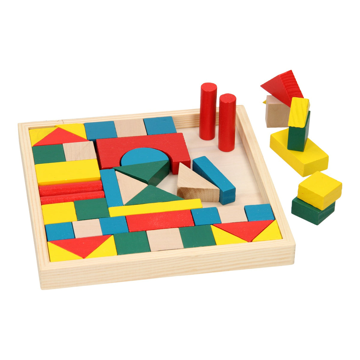 Houten bouwblokken in tray, 48dlg.