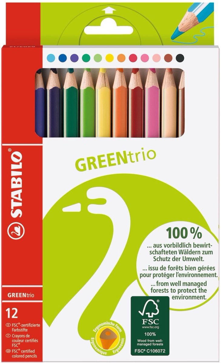 Stabilo greentrio - fsc gecertificeerd driekantige kleurpotloden - met extra dikke kern 4.2 mm - etui met 12 kleuren