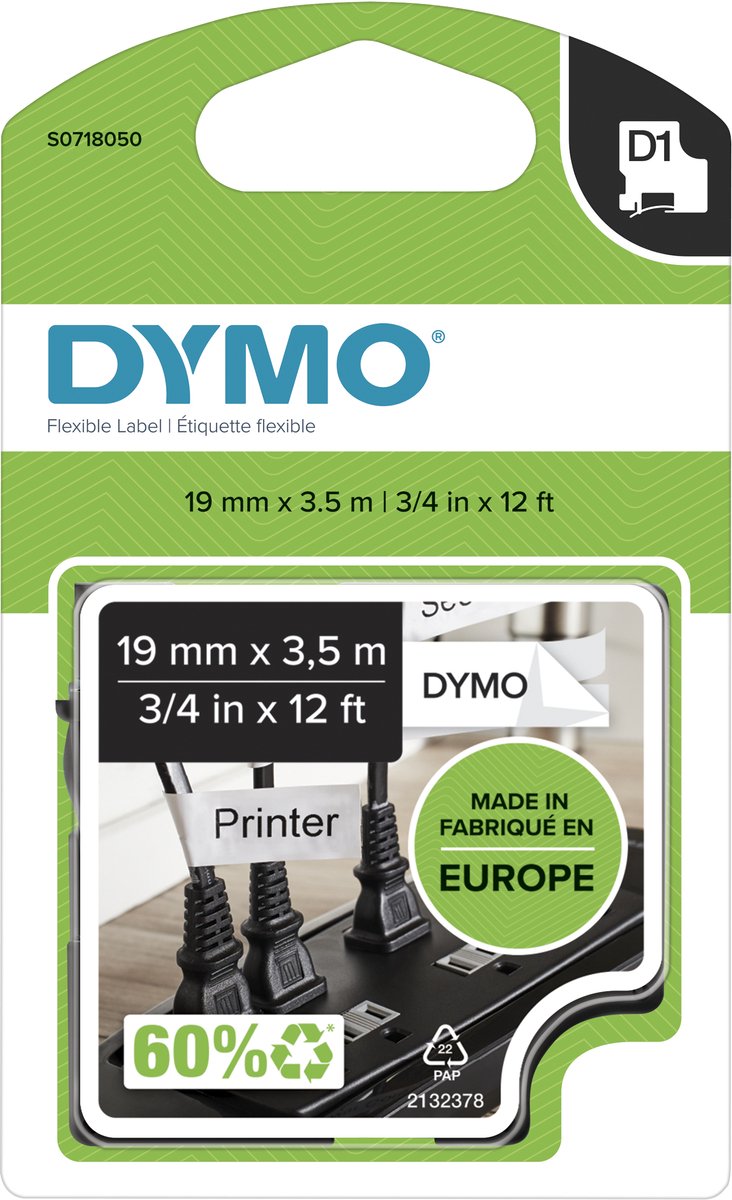 Dymo originele d1 duurzame polyester labels | zwarte tekst op wit label | 19 mm x 3,5 m | zelfklevende etiketten voor de labelmanager labelprinter | gemaakt in europa