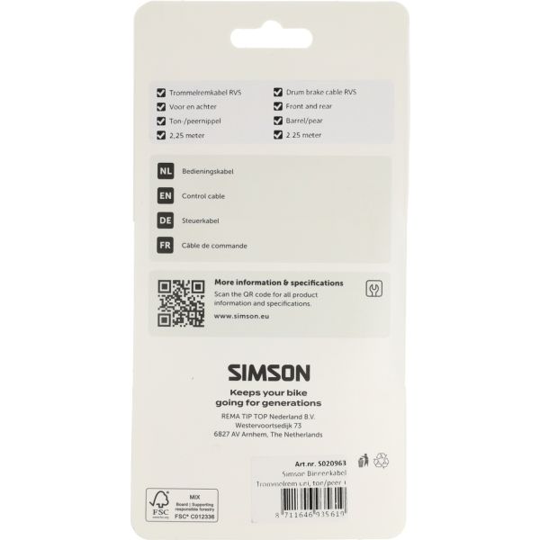 Simson trommelrem binnenkabel universeel rvs - zilver