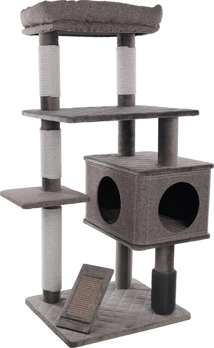 Flamingo krabpaal – halo grijs – 76x58x127 cm – luxe krabpaal met mand, krabmat massageborstel – kattenmeubel met krabtouw schuilplaats – voor alle kattenrassen
