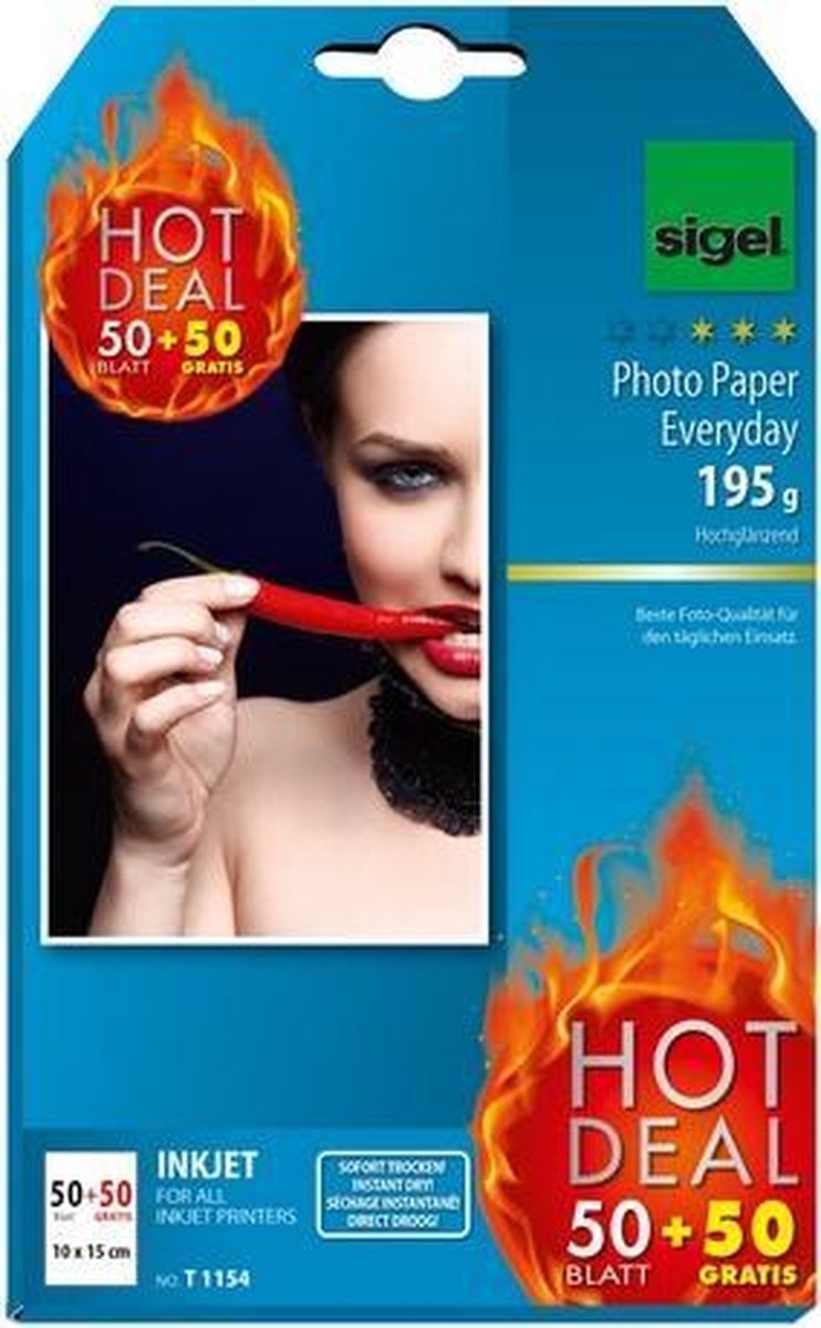 Sigel inkjet fotopapier - everyday plus - 10x15cm - hoogglanzend - 195 grams - 50 vel + 50 vel gratis - si-t1154