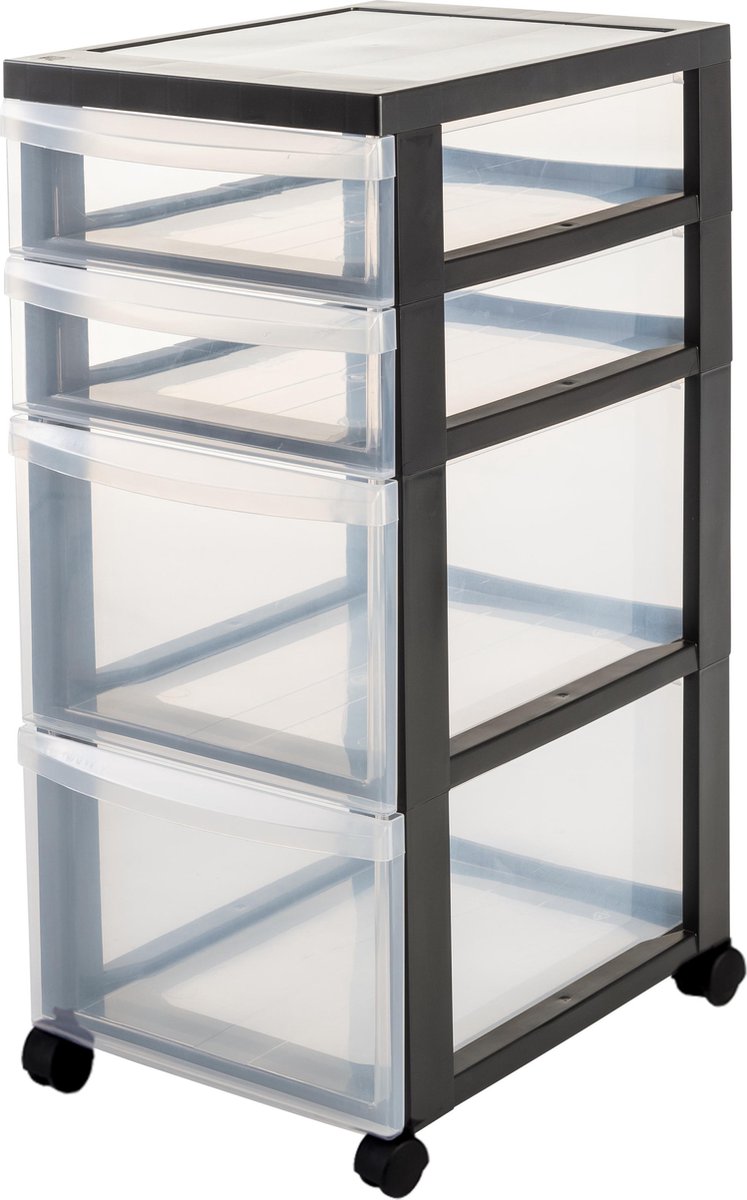 Iris design chest ladesysteem - 4 lades - 2 x 7.5 l - 2 x 15 l - kunststof - zwart transparant - met wieltjes