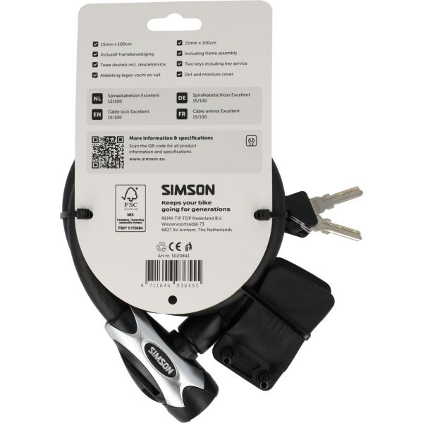 Simson spiraalkabelslot excellent size l - 15mm x 100cm