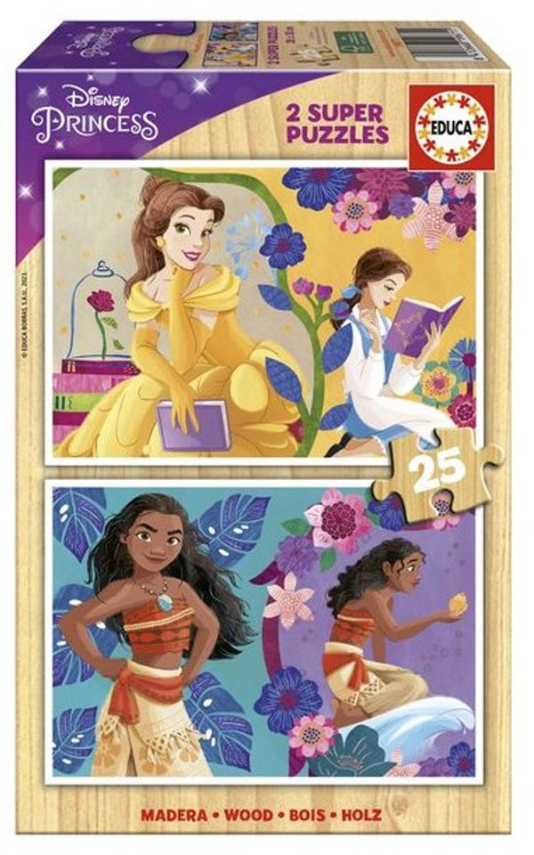 Educa houten puzzel disney princess bella en vaiana 2x25 stukjes.