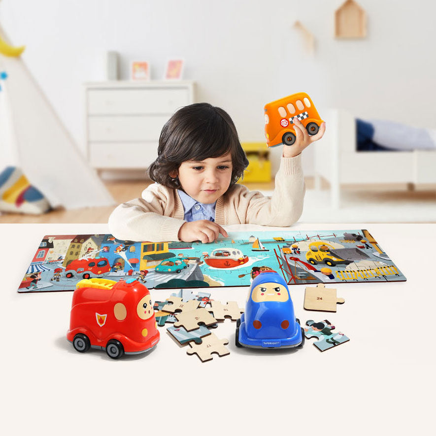 Houten Legpuzzelschool met Schoolbus, 24st.