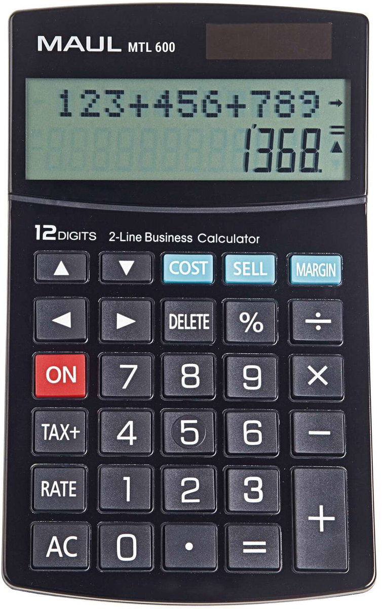 Maul bureaurekenmachine mtl 600 lcd-scherm 2-regelig, 12 cijfers solar batterij 17 x 10.3 x 2.6 cm zwart