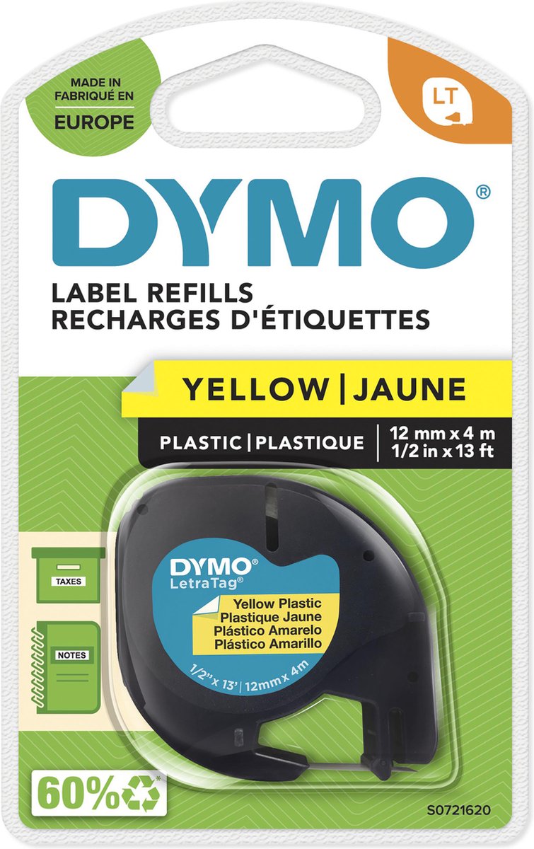 Dymo letratag originele plastic labels | zwarte afdruk op gele etiketten | 12 mm x 4 m | zelfklevende multifunctionele labels voor letratag labelprinters | gemaakt in europa