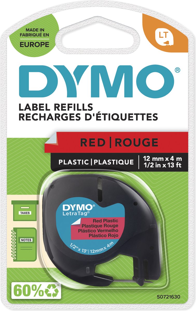 Dymo letratag originele plastic labels | zwarte afdruk op rode etiketten | 12 mm x 4 m | zelfklevende multifunctionele labels voor letratag labelprinters | gemaakt in europa