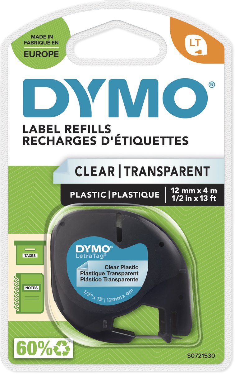 Dymo letratag originele plastic labels | zwart afdrukken op transparante etiketten | 12 mm x 4 m | zelfklevende multifunctionele labels voor letratag labelprinters | gemaakt in europa