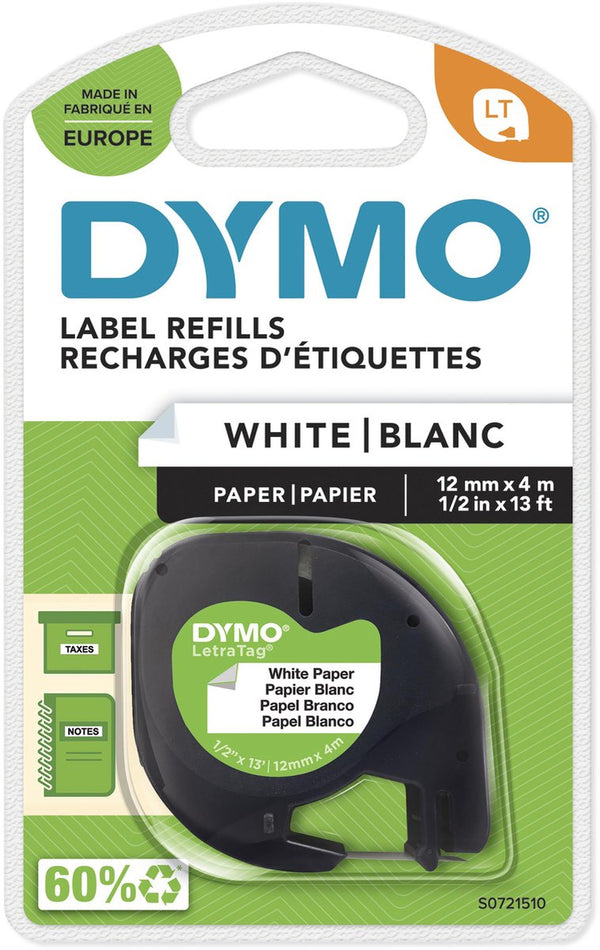 Dymo letratag originele papieren labels | zwart afdrukken op witte etiketten | 12 mm x 4 m | zelfklevende multifunctionele labels voor letratag labelprinters | gemaakt in europa