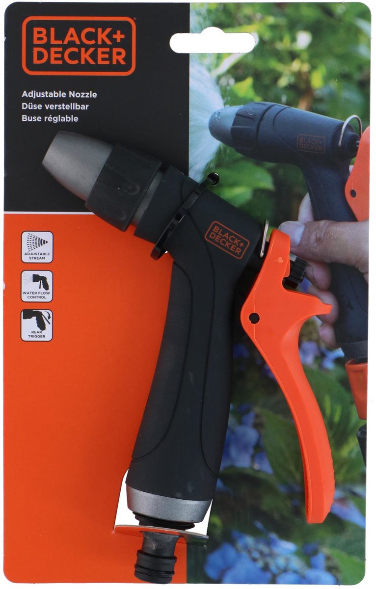 Black+decker verstelbaar spuitpistool - sproeikop voor tuinslang - aanpasbare waterstroom - ergonomisch handvat - kunststof - zwart oranje