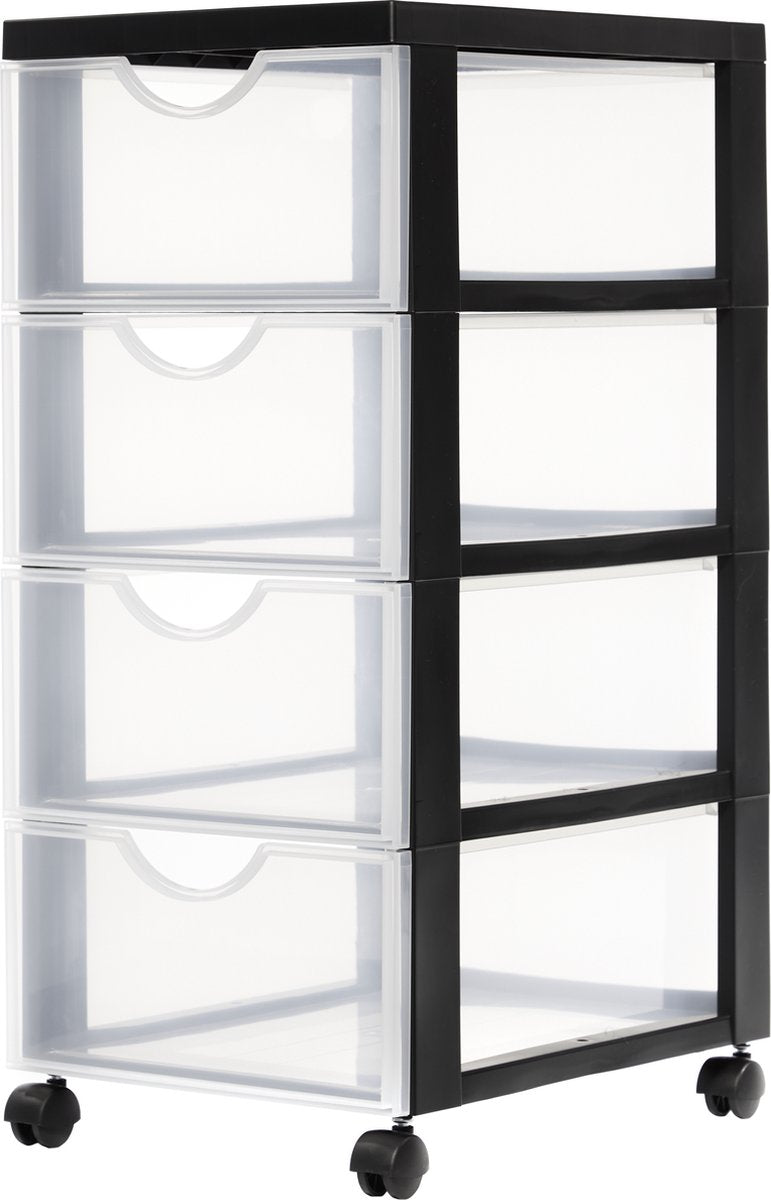 Iris easygrip chest ladekast - 4 lades x 11,25l - kunststof - zwart transparant - met wieltjes
