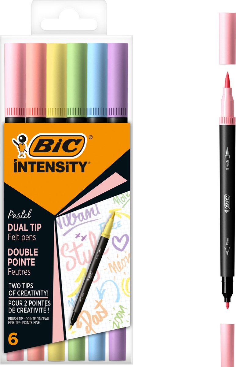 Bic intensity dual tip - viltstiften - stiften voor volwassenen - pastel kleurstiften met flexibele penseelpunt - 6 stuks