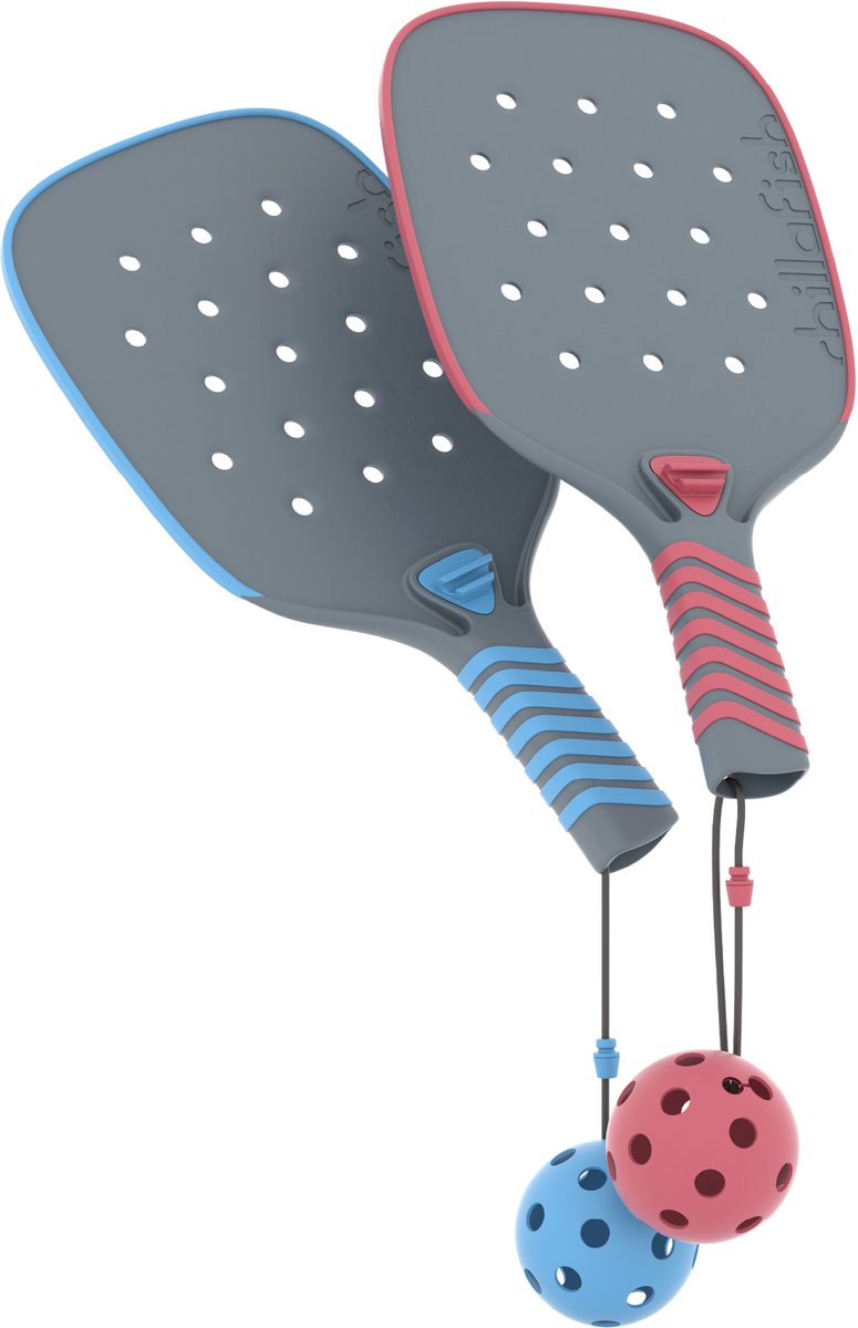 Chillafish pickleball set kinderen vanaf 5 jaar - blauw rood - set met 2 pickle ball rackets en 2 ballen - ergonomische non slip grip - clip together rackets - ideaal voor buiten speelplezier - model pickli