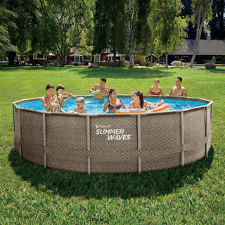 Summer waves frame zwembad premium rond weave - ⌀488 x 122 cm - zwembaden - inclusief zandpompfilter - ladder - grondzeil - afdekzeil - onderhoudsset