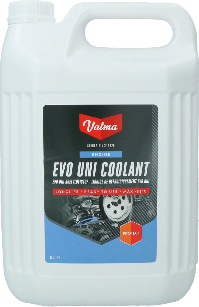 Valma evo uni koelvloeistof - tot -38°c - 5 liter – kant klaar – beschermt tegen vorst en corrosie – mengbaar met alle koelvloeistoffen – veilig voor lak en rubber