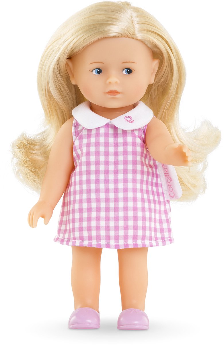 Corolle babypop mini corolline rosy met roze geruite jurk pop.