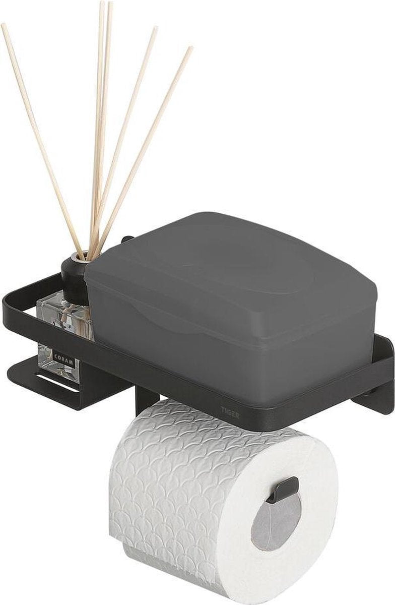 Tiger caddy - toiletrolhouder met plankje - wc rolhouder met plankje - 24 cm - zwart