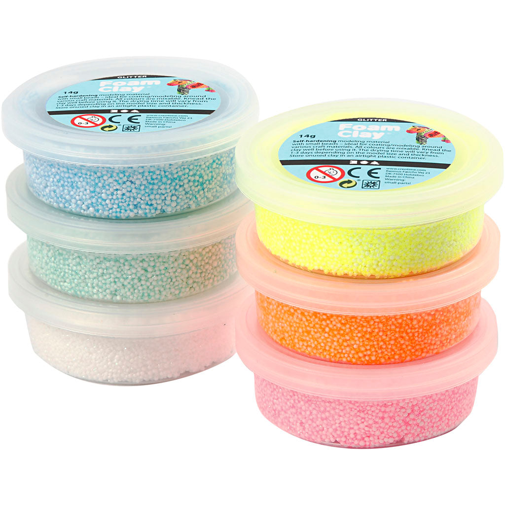 Foam clay pastel kleuren glitter, 6x14gr.