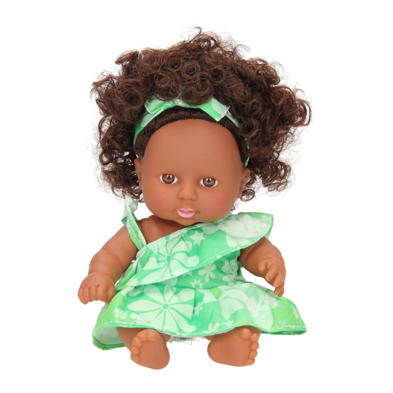 Babypop krullen met jurk, 22cm