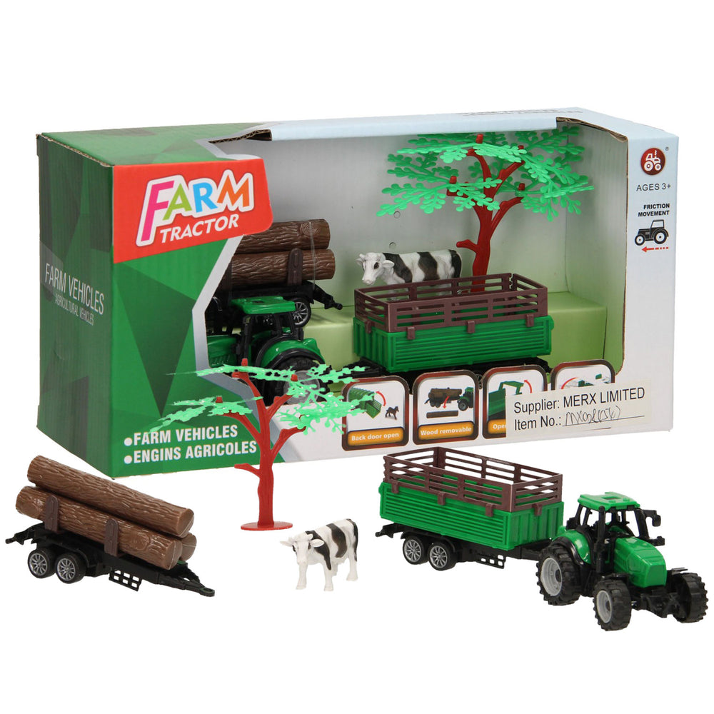 Lobbes tractor met aanhangwagen, boomstammen en koe
