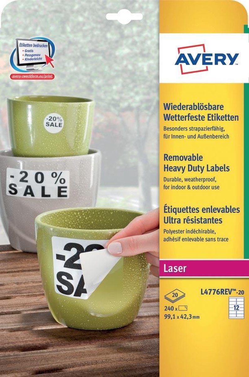 Avery zweckform avery afneembare weerbestendige etiketten formaat 991 x 423 mm (b x h) wit doos van 240 etiketten