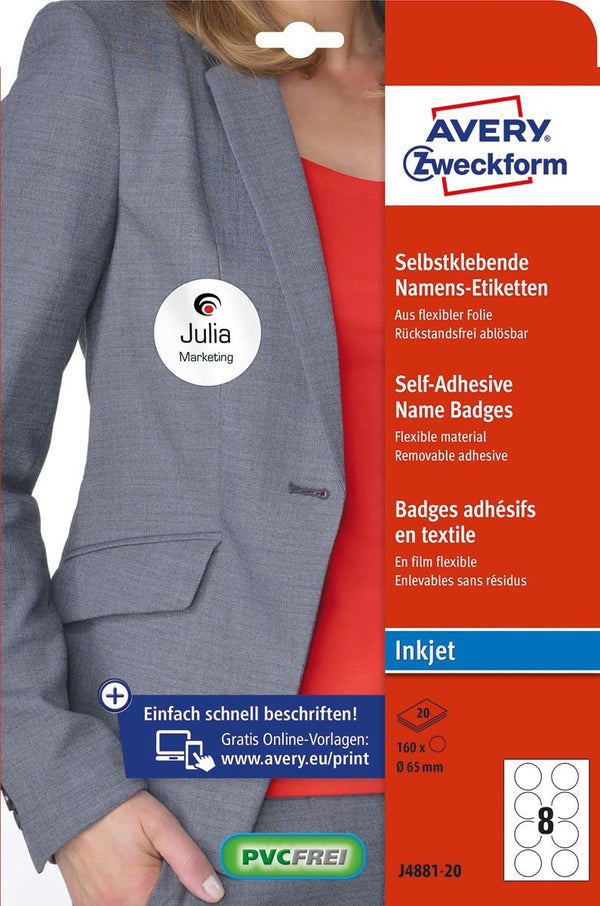 Avery naambadge zelfkl. zweckform rond 65mm wit afneembaar 160 etiketten 20 vel inktjet